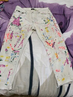Polo by Ralph Lauren White Straight Leg Jeans with Multicolor Paint Splatter